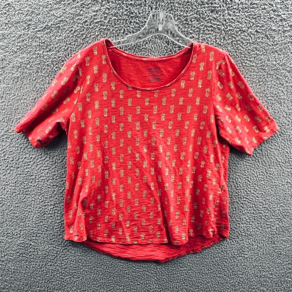 Chicos Womens Ultimate Tee Large Red Gold Pineapple Tropical Resort Wear Casual
